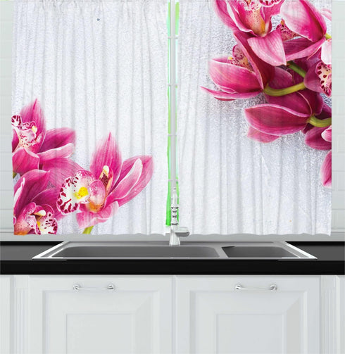 Ambesonne Floral Kitchen Curtains, Orchids on Plain Background, 2 Panel Set for Kitchen Cafe Decor, 55" x 39"