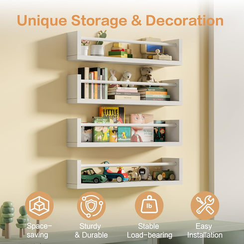 16.5" Set 4, Wall Book Shelves for Kids - Floating Nursery Book Shelves of White Wall Mounted Bookshelf for Kids Room