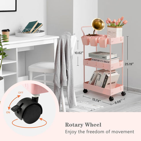 3 danpinera Slim Storage Cart, Tier Narrow Rolling Cart on Wheels Bathroom Organizer with Dividers Handle Hanging Cups