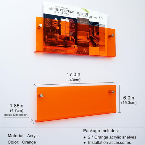 2 Pack Orange Acrylic Magazine Holder, Wall Mount Hanging Bookshelf Literature Storage Rack, Brochure File Display