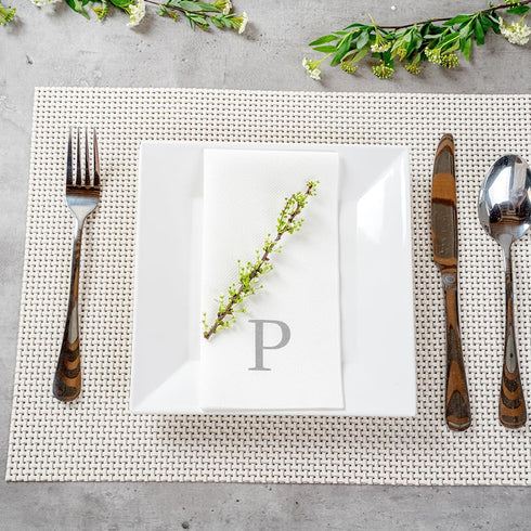 15.8 7.9 Inch 50 Luxenap X Linen-Feel Guest Towels, Lettered Hand Towels - Silver Letter 'P', Sans Serif Font, White