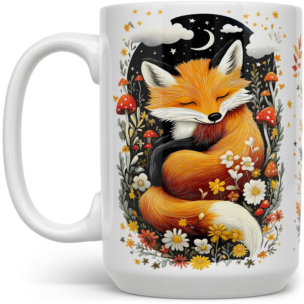 Woodland Sleeping Fox Coffee Mug - Forest Nature Mushroom Cup, Cottagecore Aesthetic Gifts (15oz)