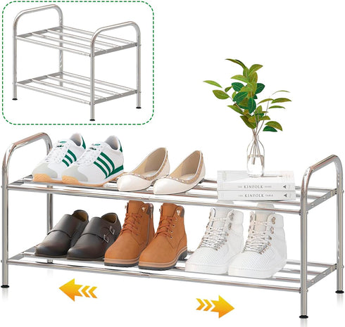 2-Tier 100% Steel,4-Rod Closet (15" 27", Expandable Shoe Rack - Stainless Extendable & Adjustable Feet | Simple