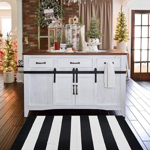 CAINANEL Black and White Striped Outdoor Rug 27.5X43 inches, Hand-Woven Cotton Indoor/Outdoor Welcome Mat for Porch