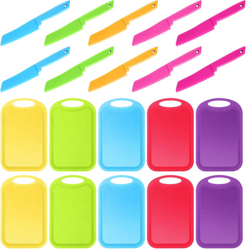 Yinkin 20 Pcs Kids Plastic Knife Set with Cutting Board, Toddler Knife Tools for Cooking Club, Preschool