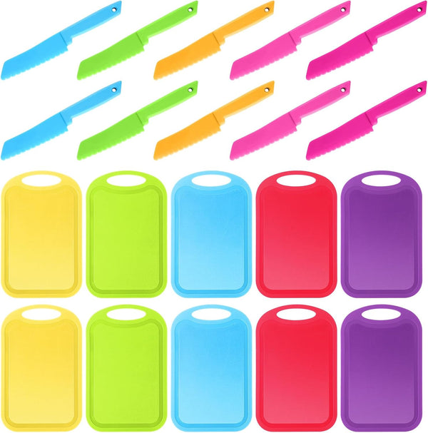 Yinkin 20 Pcs Kids Plastic Knife Set with Cutting Board, Toddler Knife Tools for Cooking Club, Preschool
