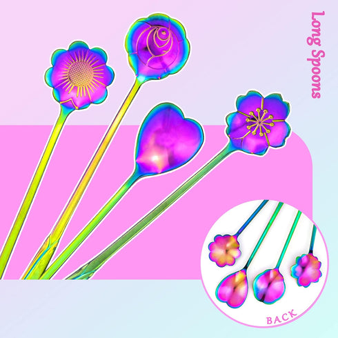 9 PCS Rainbow Flower Spoon Set, LEEFONE 2 Different Size Stainless Steel Reusable Teaspoons for Coffee Sugar Dessert