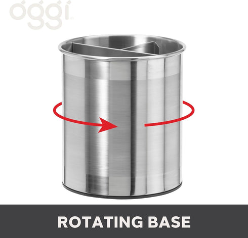 Oggi Jumbo Stainless Steel Rotating Utensil Holder with Removable Divider, Stylish Kitchen Organizer, Height 7.5"
