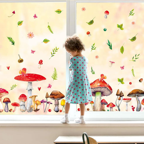 Whaline 6 Sheets Mushroom Window Clings, Watercolor Botanical Design Double-Sided Decals for Home Office