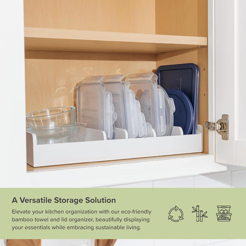 Bamboo Kitchen Towel and Food-Storage Organizer, Adjustable Wall Inserts, Non-Slip Feet, White Finish for Kitchen