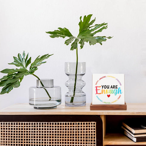 LHIUEM You are Enough Motivational Desk Decor, Rainbow Inspirational Sign with Wood Stand (4”x 4“)