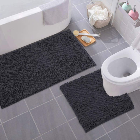 Luxurious 2-Piece Bathroom Rug Set in Charcoal - Chenille Bath Mat + U-Shaped Toilet Mat, Plush Anti-Slip Design