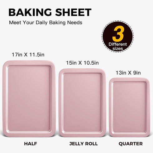 HONGBAKE Baking Sheet Pan Set, Nonstick Cookie Sheet for Oven, 3 Pack Half/Jelly Roll/Quarter Baking Tray, Pink