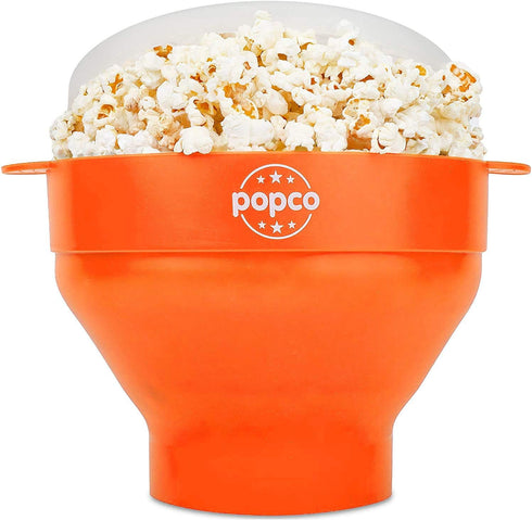 POPCO Collapsible Microwave Popcorn Popper, Large Silicone Bowl with Handles, Dishwasher Safe, Orange