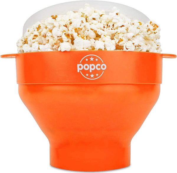 POPCO Collapsible Microwave Popcorn Popper, Large Silicone Bowl with Handles, Dishwasher Safe, Orange