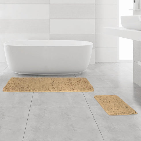 Bathroom Rugs Sets 2 Piece, Thick Chenille Bath Mats, Non-Slip, Absorbent, Washable, Beige