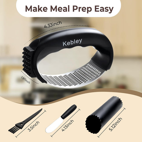 Kebley Garlic Press Rocker Stainless Steel Garlic Crusher, Mincer and Chopper with Peeler and Scraper,brush, Easy