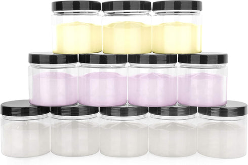 Healthy Packers 4oz Plastic Jars with Lids, Small Clear Lotion Containers, 12 Pack Cream and Cosmetic Jars (Black)