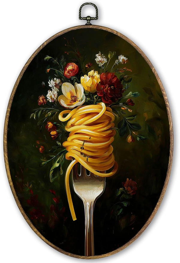 TLESKE Spaghetti Fork Kitchen Oval Wall Art Decor Framed Gifts 9x12, Moody Floral