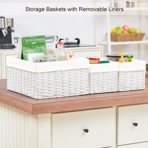 Vagusicc Set of 3 Wicker Storage Baskets, Hand-woven Decorative Rectangle Bins with Handles for Organizing, White