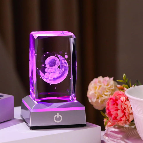 Movdyka Laser Etched Astronaut on Moon Crystal Cube with Color-Changing LED Base - Unique Space Decor, Romantic Night