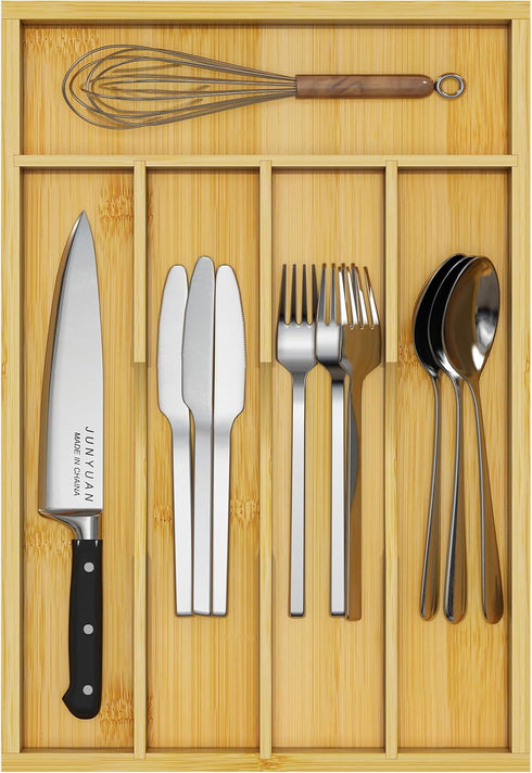 Utensil Organizer Bamboo for Kitchen Drawers, Cutlery Tray and Silverware Holder, Wood Drawer Dividers with 5 Slots