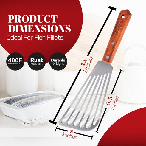 Rifsa 1 6.5-Inch Slotted Elegant Silver Fish Turner Spatula Metal Fish Spatula with Blade & Ergonomic Walnut Wooden