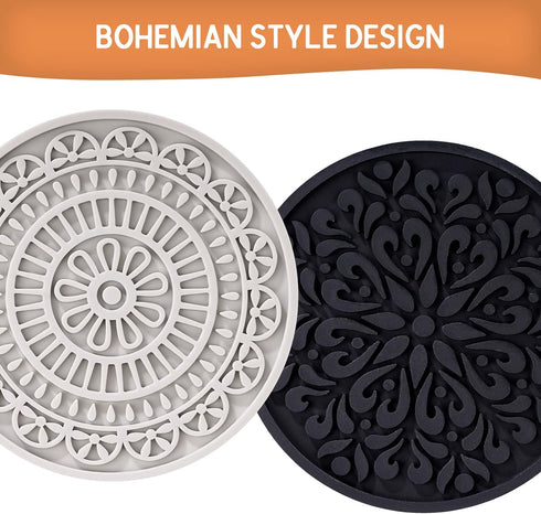 8 Pcs Boho Coasters for Drinks, Silicone Coasters with Holder, Boho Style Grooved Pattern, Tabletop Protection Coaster