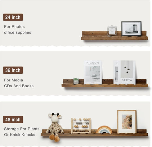 36 inch Set 2- Fun Memories Picture Ledge Shelf for Wall, Pine Wood Nursery Book Shelves of Wall Book Shelves for Kids