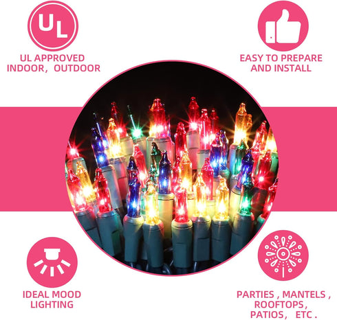 XMASHOME 19.6ft 100 Count 100 Green Wire Multicolor String Lights, Incandescent Christmas Lights, (Multicolor, Lights)