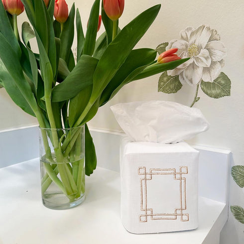 Jacaranda Living Square Tissue Box Cover, Decorative Cloth Tissue Holder, Scrolls Design, Beige