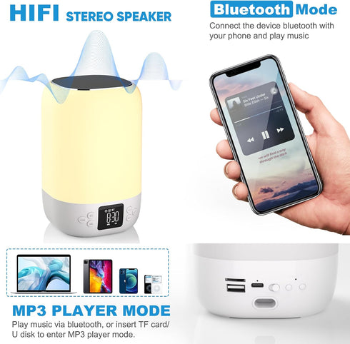 Dimmable 8 10-15 Night Light Bluetooth Speaker Alarm Clock, Sound Machine with White Noise, Touch Bedside Lamp