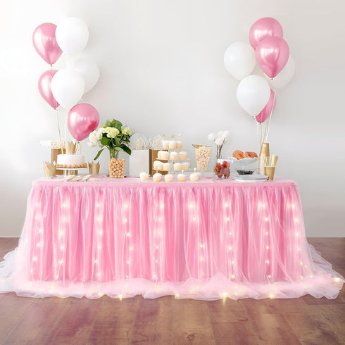 leegleri Pink Tulle Table Skirt for Baby Shower - 6FT Ruffle Tutu with LED Light for Birthday Party Decorations
