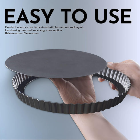 Tart Pan 9 Inch Black Carbon Steel, Non-Stick Quiche Pan with Removable Bottom & 10 Baking Parchments