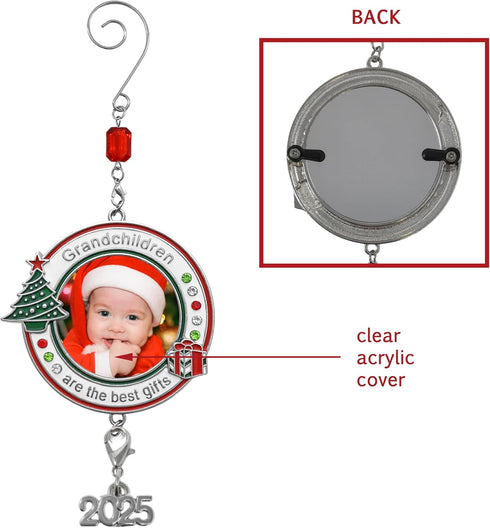 Grandchildren Photo Christmas Ornament - Dated 2025 Charm - Red White Green Enameled Jeweled Accents for Grandparents