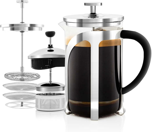 OVENTE 2-in-1 Coffee Press and Tea Maker, High Grade Stainless Steel Infuser, Borosilicate Glass, 27 Ounce, Clear