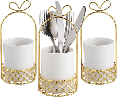 JUXYES Ceramic Silverware Holder for Tabletop, White Cutlery Holder with Golden Metal Bracket for Kitchen