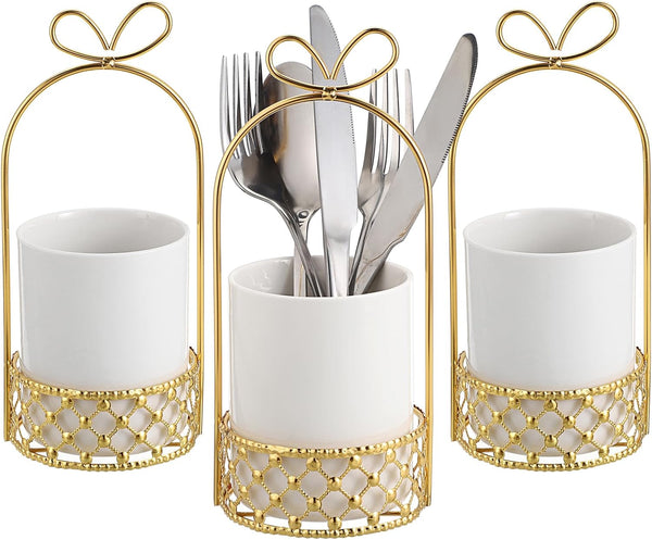 JUXYES Ceramic Silverware Holder for Tabletop, White Cutlery Holder with Golden Metal Bracket for Kitchen