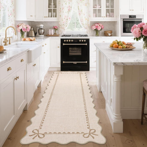 GarveeHome Scalloped Bow Rug for Living Room, Solid Beige Rug for Dorm,
