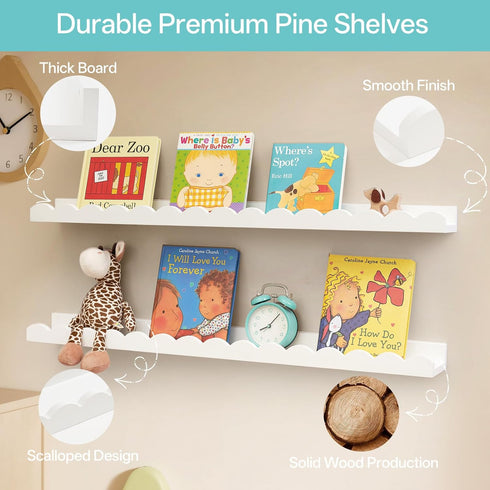 Set 4 Decor(White,60cm) Scalloped Baby Book Shelf,Floating Shelves for Wall of Solid Pine Wood Nursery Bookshelves