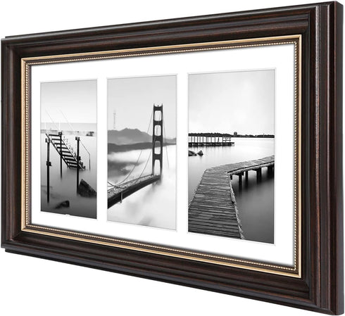 Space Art Deco 7x14 Collage Picture Frame with 3 Openings for Three 4x6 Photos or 7x14 Prints, Dark Brown/Ornate Gold