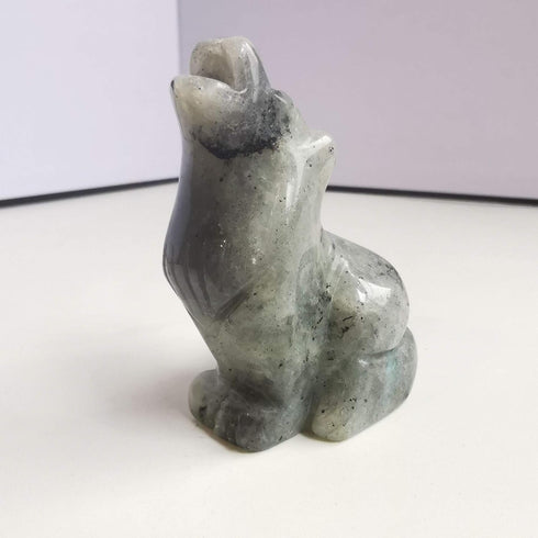 Natural Moonstone Wolf Crystal Figurine - Hand Carved Stone Animal Statue for Home Decor, 2.5 Inches