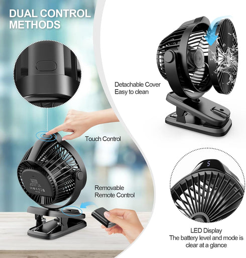 TRILINK 8000mAh 5 5" Small Clip on Fan with Remote Control | Battery | Speeds | Portable Rechargeable Mini Desk/Table
