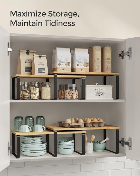 SONGMICS Kitchen Organizer Shelf Set of 2, Stackable Expandable Metal and Engineered Wood, Ink Black and Natural Beige