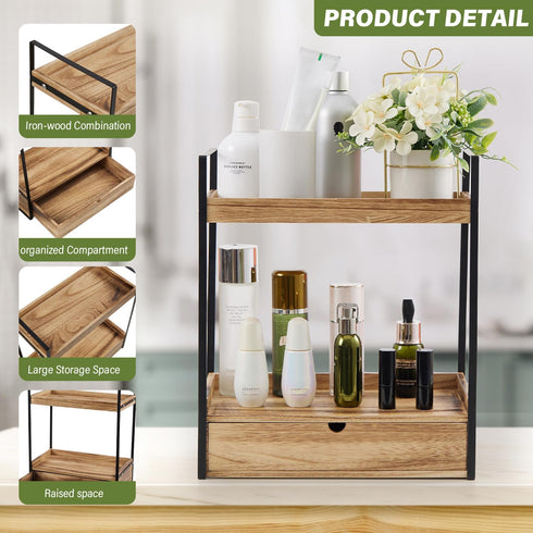 Auysbytdd 2-Tier Countertop Counter Bathroom Organizer with Drawer, Wood Shelf for Storage, Cosmetic Storage Vanity
