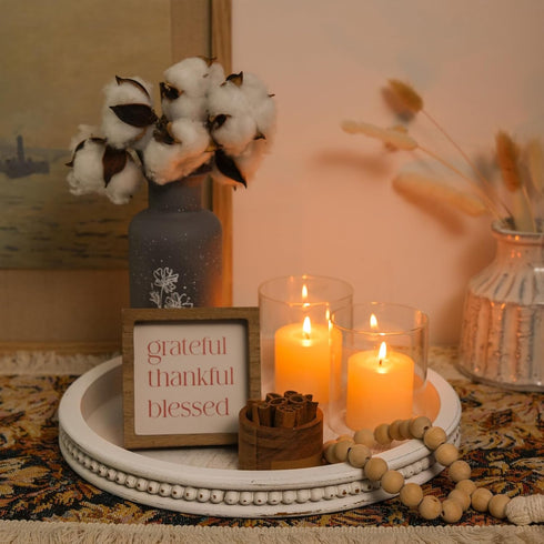 Counter Farmhouse Wood Tray Candle Holder - Romadedi Bead Round Wooden Decorative Tray for Coffee Table Decor Serving
