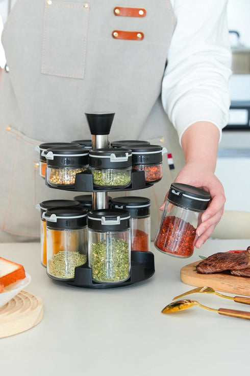 Aurakoa 360 2 (6 6 Counter rotating tier jars spice rack small large spice jars) Revolving Seasoning Organizer.