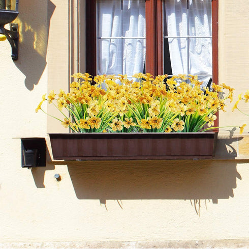 12 Bundles Artificial Flowers, UV Resistant Faux Plastic Plants for Garden Porch Window Box Decorating (Yellow)