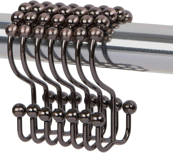 Metal Double Glide Roller Shower Curtain Hooks Rings - 100% Stainless Steel, Set of 12, Oil Rubbed Bronze