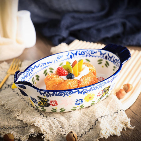 Vintage Chicken Shape Pie Pan, Butterfly and Flower Pattern Ceramic Bakeware Casserole Dish, 25 OZ Baking Pan for Oven